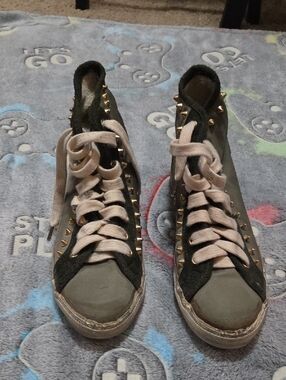 Olive High-Top Lace-Up Boots with Gold Studs